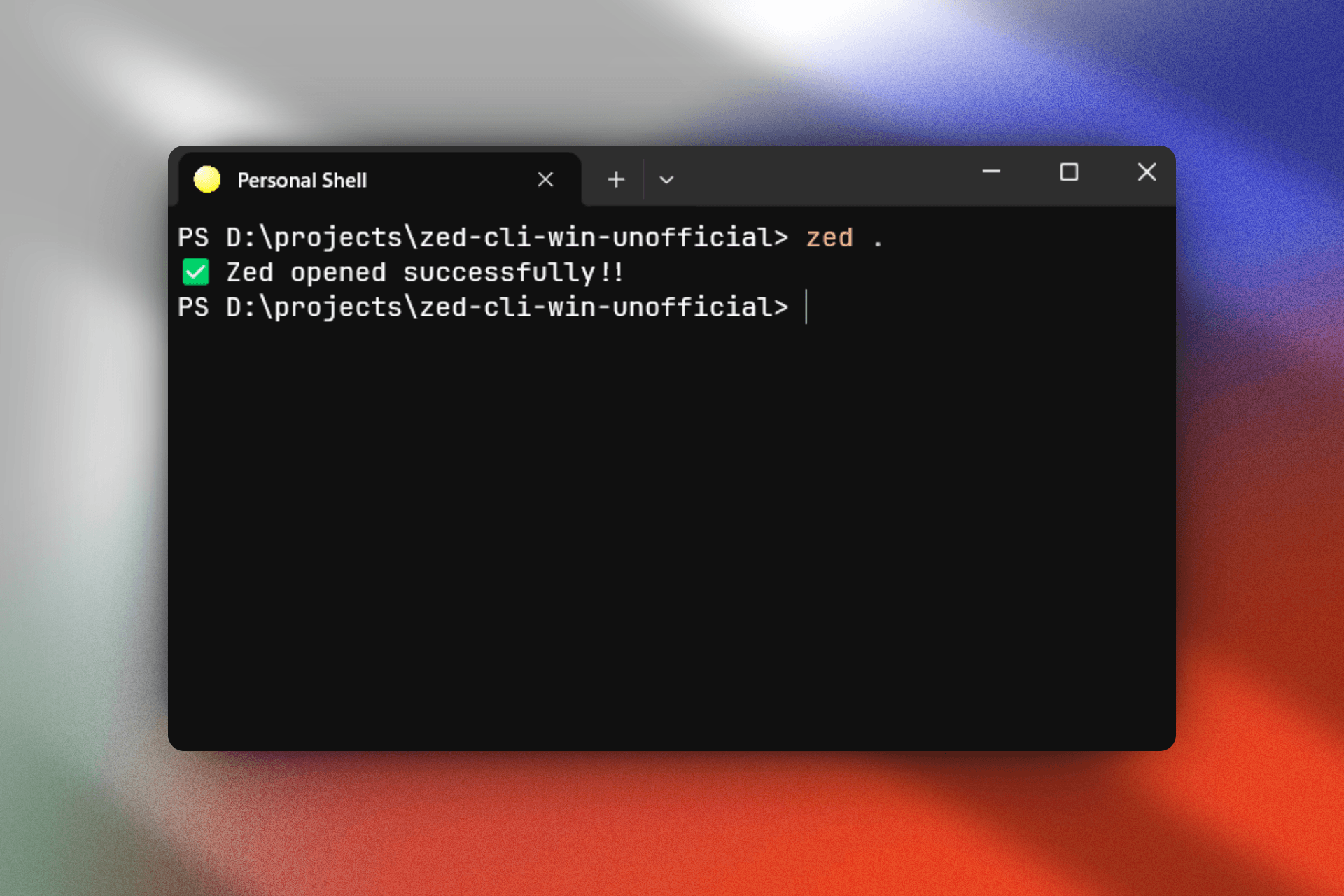 Terminal window showing a successful execution of the zed . command using the Zed CLI for Windows. The prompt confirms "Zed opened successfully!!" in green with a checkmark icon, indicating the CLI launched Zed from the current project directory.